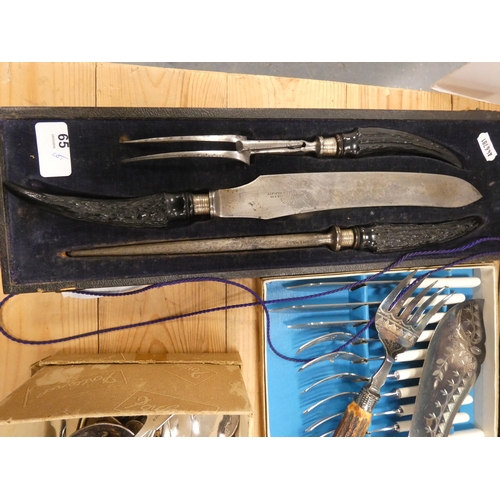 65 - Collection of boxed and loose cutlery to include a horn handled three piece carving set by Thomas Tu... 