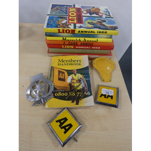 72 - Group of AA car mascots and children's annuals circa 1960s.
