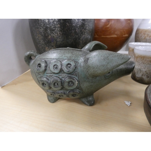 74 - Collection of studio pottery to include a water set, Tremar style bean pot with cover, coin bank in ... 