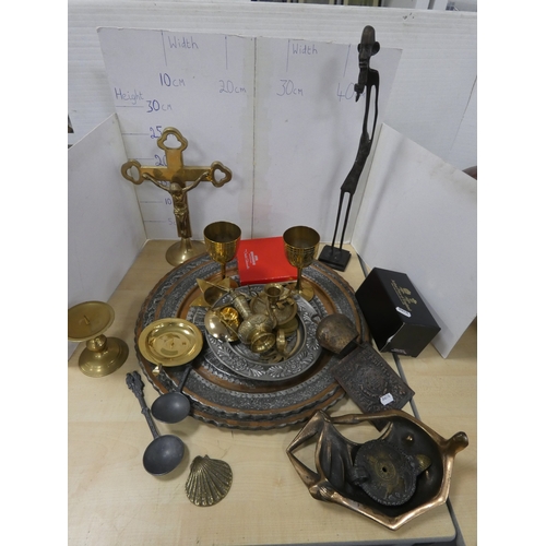 75 - Two Middle Eastern style copper trays, brass ornaments and cast bronze African tribal figure.&nbsp;