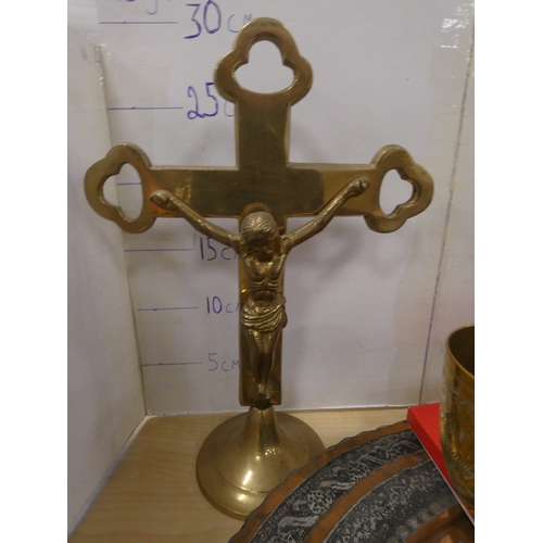 75 - Two Middle Eastern style copper trays, brass ornaments and cast bronze African tribal figure.&nbsp;