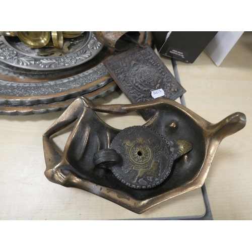 75 - Two Middle Eastern style copper trays, brass ornaments and cast bronze African tribal figure.&nbsp;