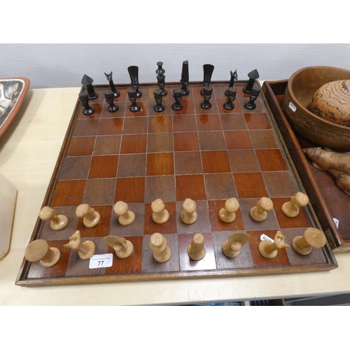 77 - Chess board with African tribal themed pieces, tray and boomerang etc.