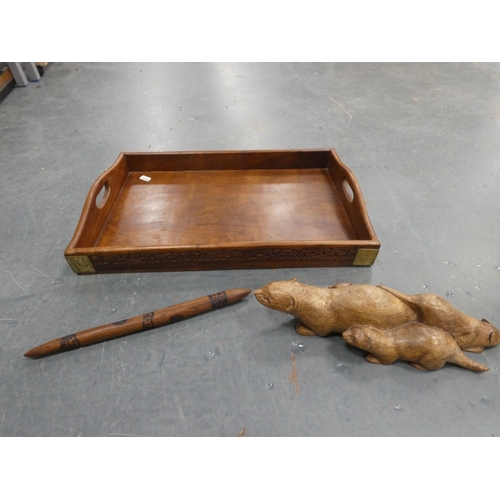 77 - Chess board with African tribal themed pieces, tray and boomerang etc.