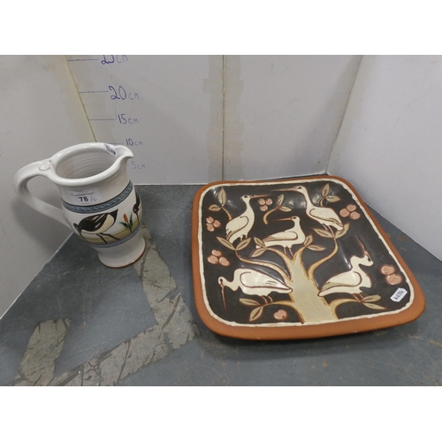 78 - Christine Smith (Scottish)Studio terracotta dish decorated with stylized birds and a jug by the same... 