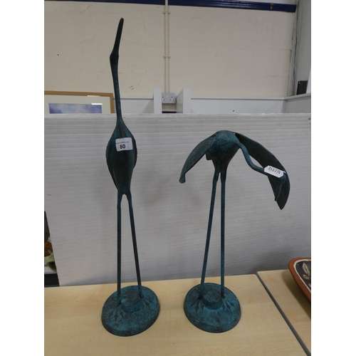 80 - Two large Indian painted metal figures of cranes.