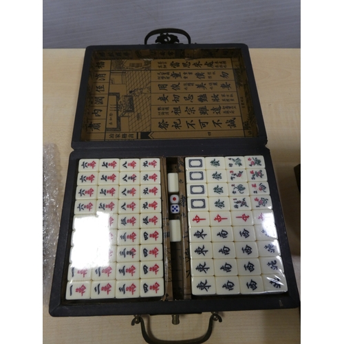 80A - Chinese Mah-Jong set in fitted export case, simulated jade inset jewellery box, Chinese balls and an... 