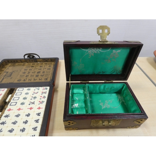 80A - Chinese Mah-Jong set in fitted export case, simulated jade inset jewellery box, Chinese balls and an... 