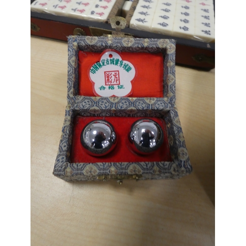 80A - Chinese Mah-Jong set in fitted export case, simulated jade inset jewellery box, Chinese balls and an... 