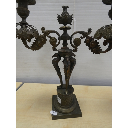 82 - French cast bronze candleabrum, decorated with flowerheads and standing griffins.