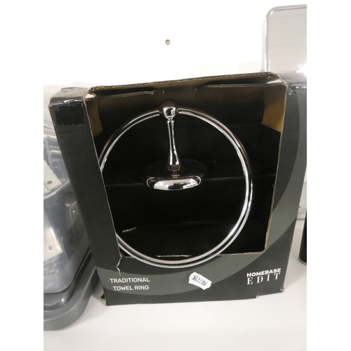 89 - Shelf lot of modern bathroom fittings to include shaving mirror, towel ring and holders etc.