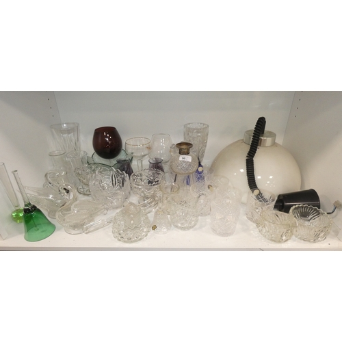 90 - Shelf lot of crystal and glass to include hobnail cut decanter with silver collar, lacking stopper, ... 