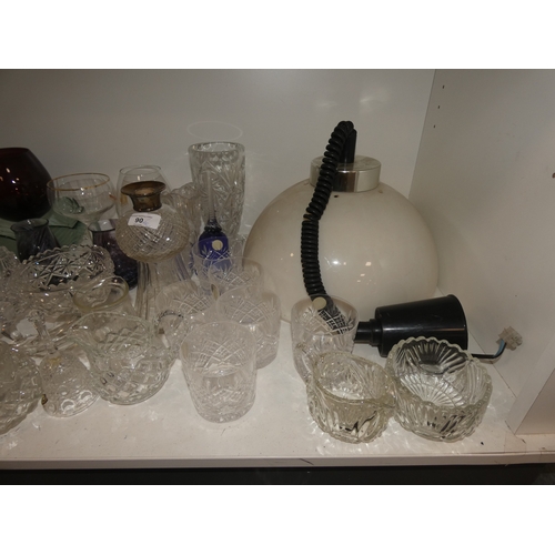 90 - Shelf lot of crystal and glass to include hobnail cut decanter with silver collar, lacking stopper, ... 