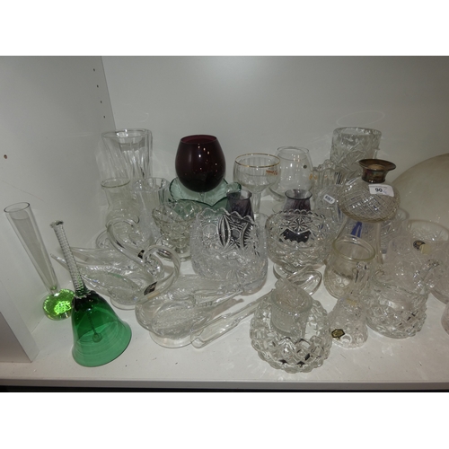 90 - Shelf lot of crystal and glass to include hobnail cut decanter with silver collar, lacking stopper, ... 