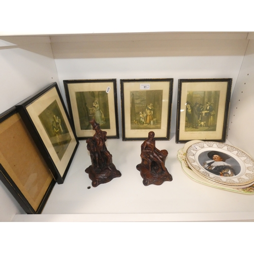91 - Group of Cries of London prints, bone china plates depicting 17th century portraits, resin group of ... 
