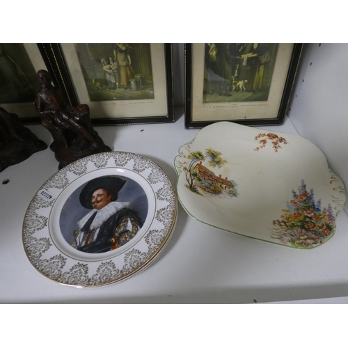 91 - Group of Cries of London prints, bone china plates depicting 17th century portraits, resin group of ... 