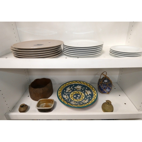 94 - Two shelves of ceramics to include two sets of six Denby dinner plates, Studio terracotta dish decor... 