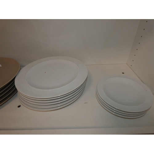 94 - Two shelves of ceramics to include two sets of six Denby dinner plates, Studio terracotta dish decor... 