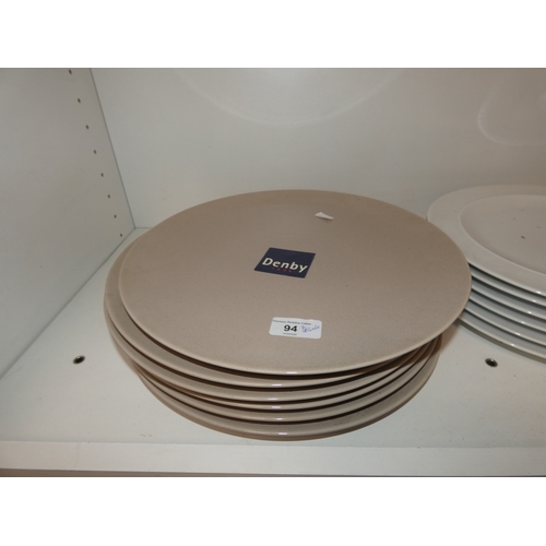 94 - Two shelves of ceramics to include two sets of six Denby dinner plates, Studio terracotta dish decor... 