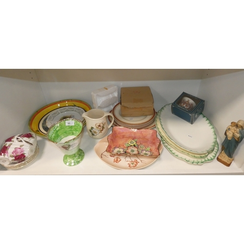 95 - Shelf lot of ceramics to include lustre dish and vase, Commemorative mug and dinner wares.