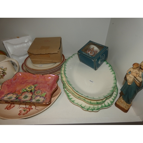 95 - Shelf lot of ceramics to include lustre dish and vase, Commemorative mug and dinner wares.