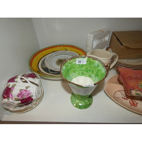 95 - Shelf lot of ceramics to include lustre dish and vase, Commemorative mug and dinner wares.