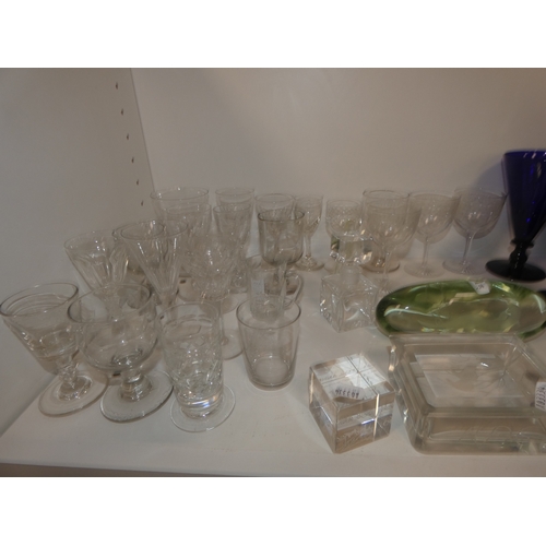 96 - Two shelves of glasses to include set of six Bristol blue coloured conical wine glasses, decanters a... 