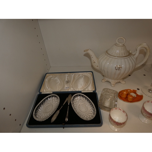 96 - Two shelves of glasses to include set of six Bristol blue coloured conical wine glasses, decanters a... 