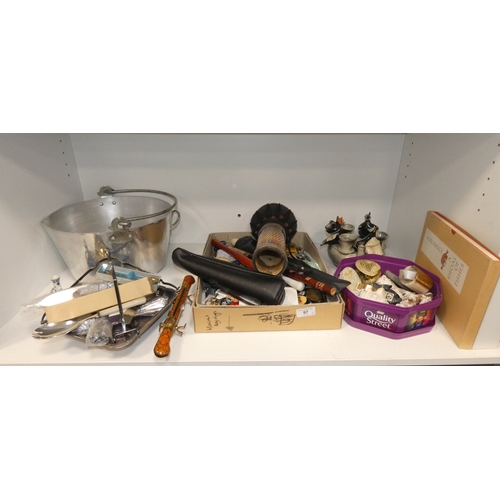97 - Shelf lot of sundries to include sea shells, key rings, jam pan, silver plated wares etc.