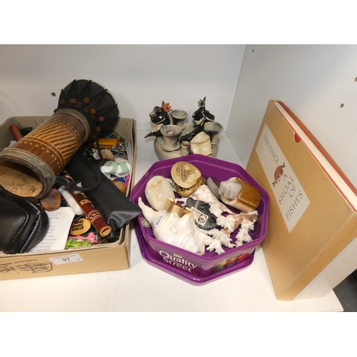 97 - Shelf lot of sundries to include sea shells, key rings, jam pan, silver plated wares etc.