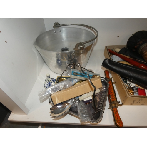 97 - Shelf lot of sundries to include sea shells, key rings, jam pan, silver plated wares etc.