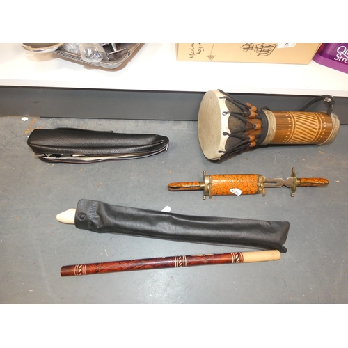 97 - Shelf lot of sundries to include sea shells, key rings, jam pan, silver plated wares etc.