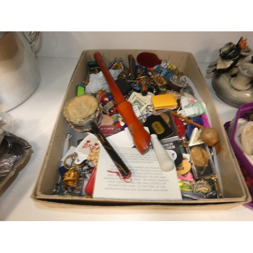 97 - Shelf lot of sundries to include sea shells, key rings, jam pan, silver plated wares etc.