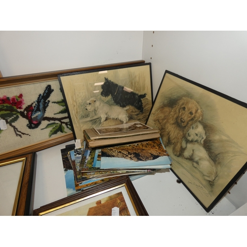 98 - Two shelves of sundries to include prints, postcards, ceramics, Westclox clock, crystal etc.