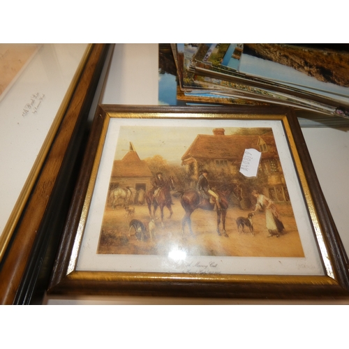 98 - Two shelves of sundries to include prints, postcards, ceramics, Westclox clock, crystal etc.