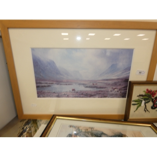 98 - Two shelves of sundries to include prints, postcards, ceramics, Westclox clock, crystal etc.