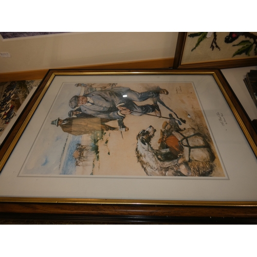 98 - Two shelves of sundries to include prints, postcards, ceramics, Westclox clock, crystal etc.