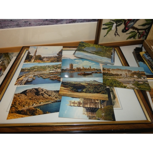 98 - Two shelves of sundries to include prints, postcards, ceramics, Westclox clock, crystal etc.