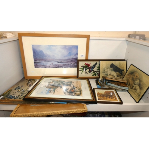 98 - Two shelves of sundries to include prints, postcards, ceramics, Westclox clock, crystal etc.