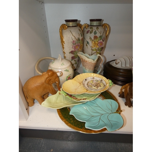 99 - Shelf lot of ceramics to include Carlton Ware Rouge Royale dish, chintz vase with cover, Haig whisky... 