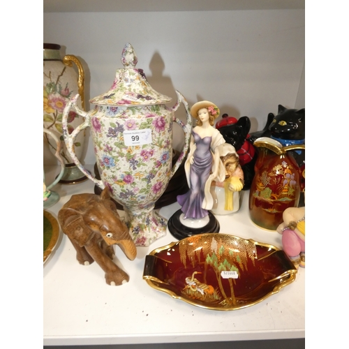 99 - Shelf lot of ceramics to include Carlton Ware Rouge Royale dish, chintz vase with cover, Haig whisky... 