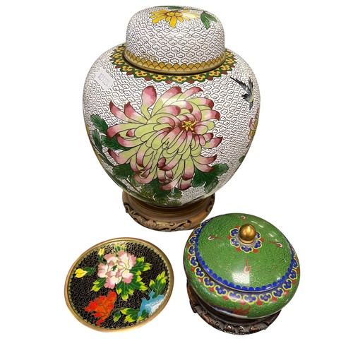 12 - Chinese cloisonné lidded dish and pin dish, with an oriental style ginger jar (3).