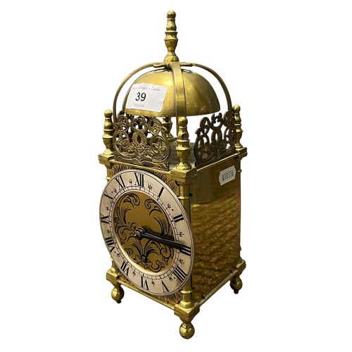 39 - Brass lantern clock, 27cm h.