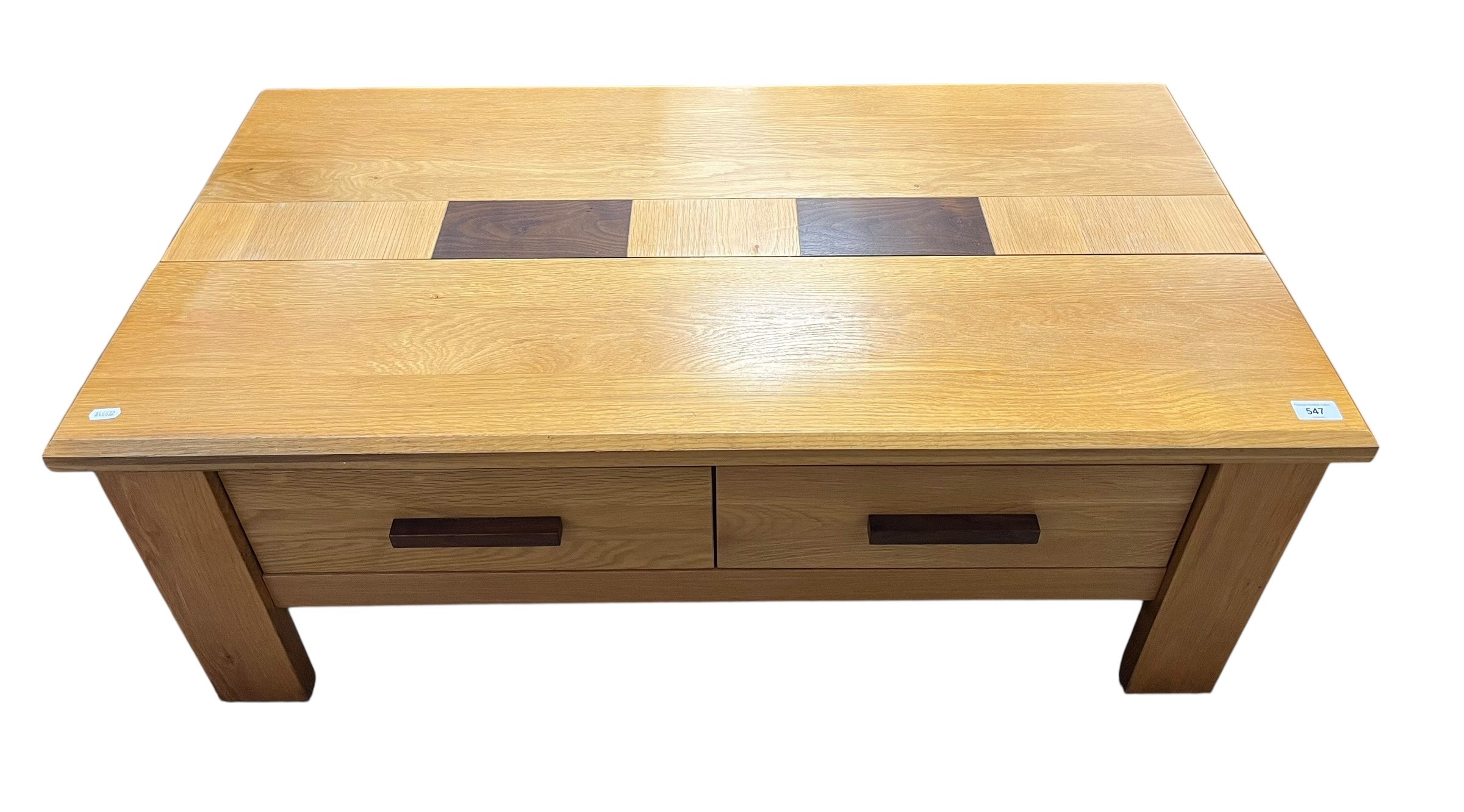 Contemporary rectangular oak lounge table, 113cm wide, 45cm high