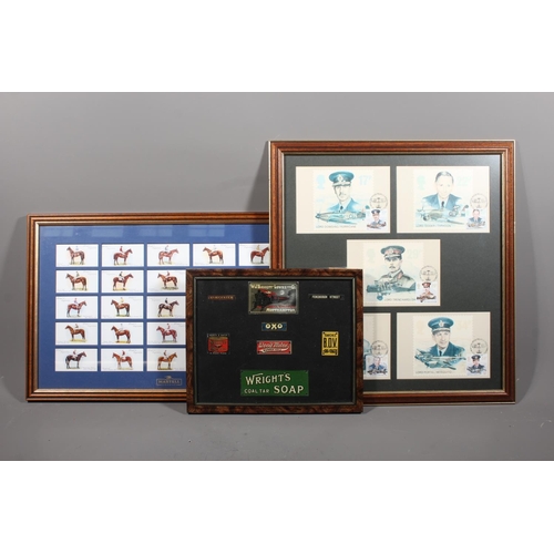 Three framed cigarette card displays, a framed PHQ display, a framed ...