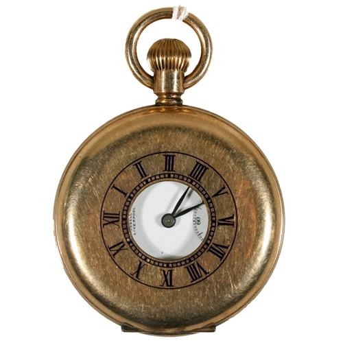 Thomas Russell & Son of Liverpool gold plated keyless half hunter pocketwatch with 10 jewel movement, serial number 36682.