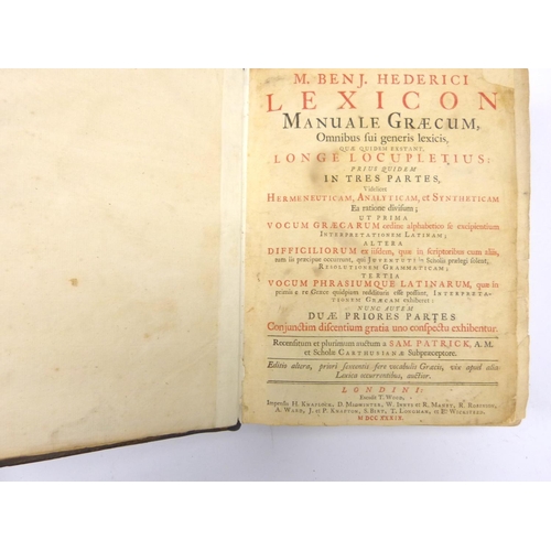 15 - HEDERICH BENJAMIN.&nbsp;&nbsp;Lexicon Manuale Graecum. Title in red & black (marginal repairs). ... 