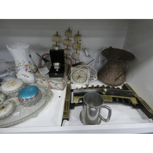 112 - China, sundries, glass to include an Aynsley vase, dressing table items, fire grate, Hornsea storage... 