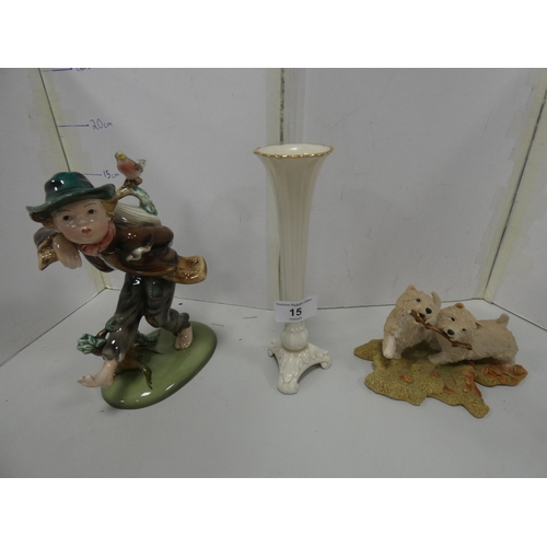 15 - Group of porcelain ornaments to include Hummel figures, bird vase, Royal Belvedere figure etc.