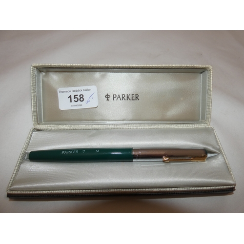 158 - Parker pen in fitted case, and other related pens and ballpoint pens.